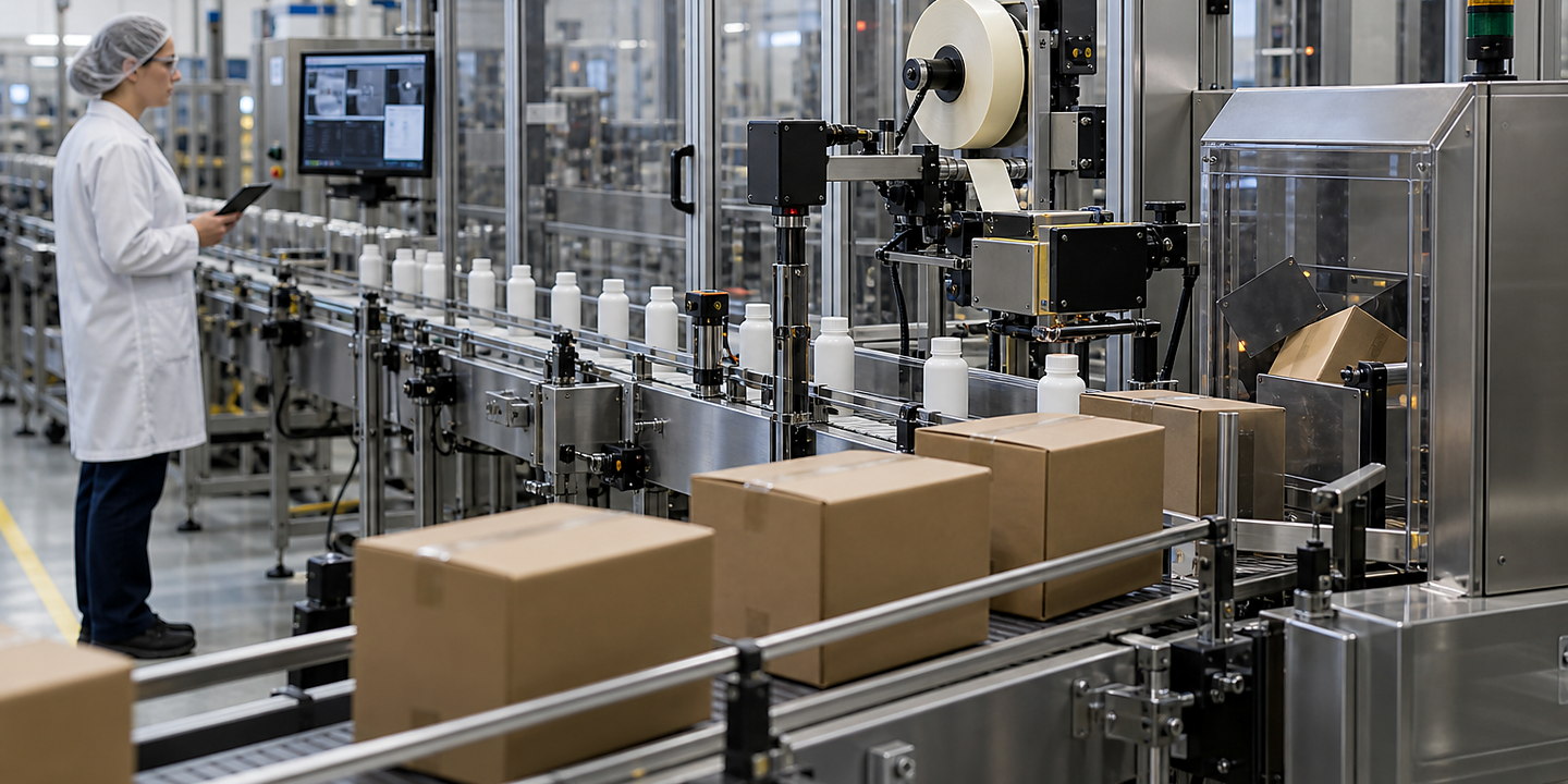 An automated production line where scanners and station controls capture component and product events into a visible traceability interface.